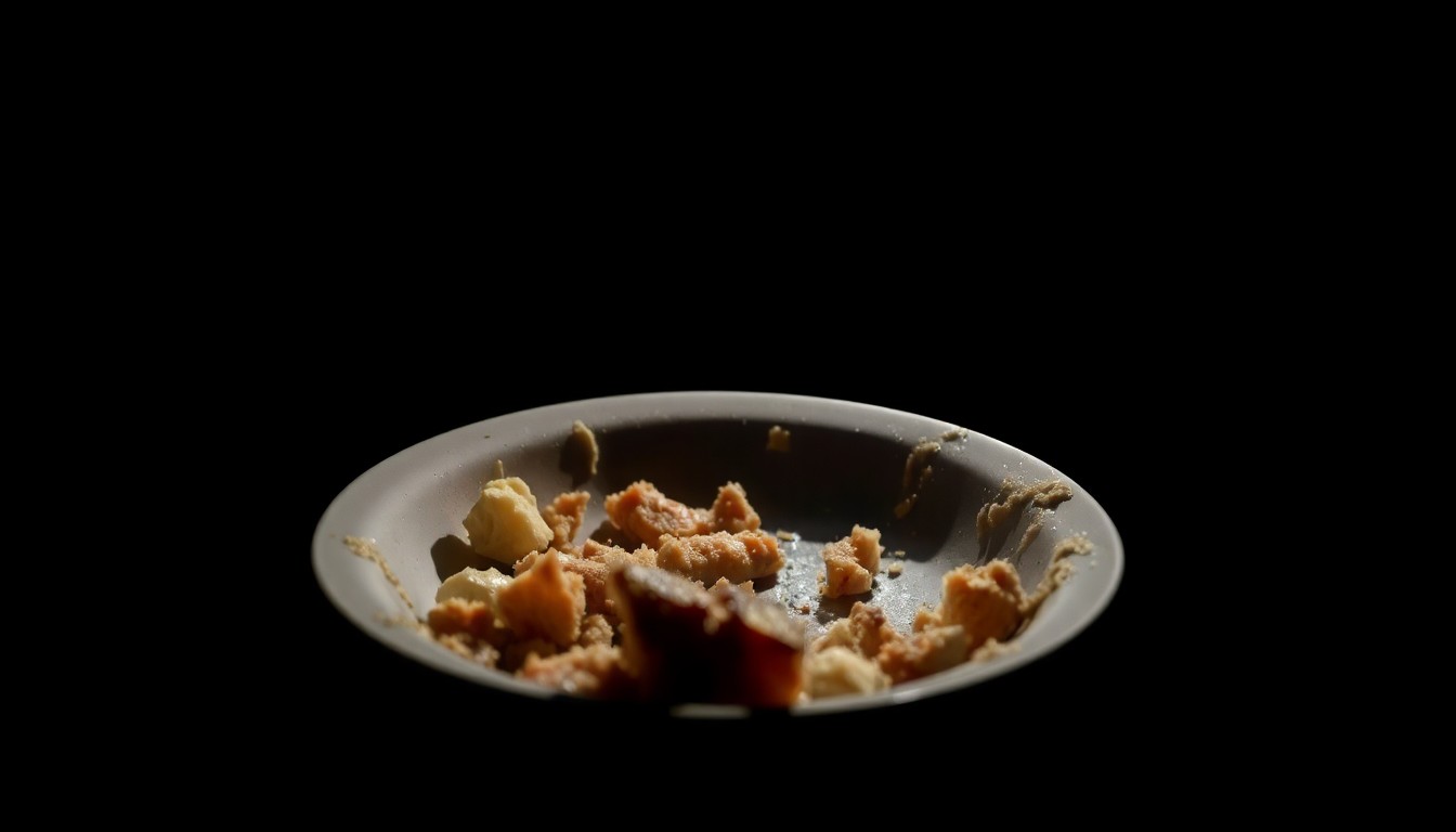 An extreme close-up photograph of a half-eaten plate of food, the remnants of a meal left behind, lit by a harsh, direct camera flash against a pitch-black background, conveying a sense of abandonment and the financial impact of dine-and-dash incidents on small businesses.