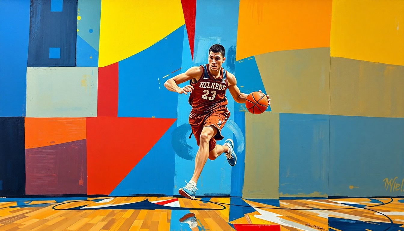 A fragmented, cubist-style painting depicting a college basketball player dribbling a ball, with the figure broken down into sharp, overlapping geometric shapes in vibrant blue, red, and gold tones.