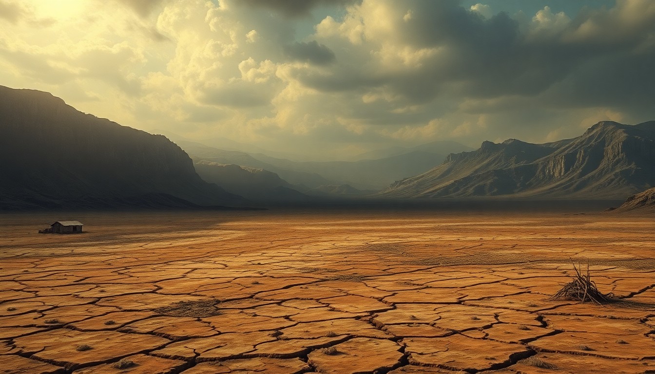 A vast, desolate landscape painting in muted earth tones, with a cracked, parched ground stretching out to the horizon under a dramatic, hazy sky, conveying the overwhelming scale and melancholic mood of an extreme drought.