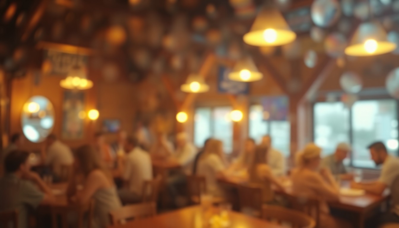 An abstract, impressionistic photograph showing the blurred silhouettes of people gathered around tables in a dimly lit taproom, their faces and forms obscured in a warm, hazy wash of soft light and color.