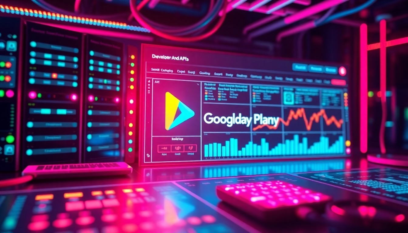 A highly detailed, glowing 3D illustration of a futuristic digital control panel, with various interconnected components and cables pulsing with vibrant neon lights, representing the complex infrastructure and capabilities of the Google Play Developer API.