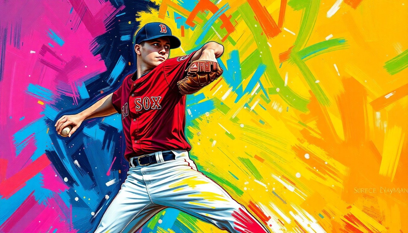 An abstract expressionist painting in vibrant neon colors, with rapid brushstrokes depicting the dynamic motion and energy of a baseball pitcher in action.
