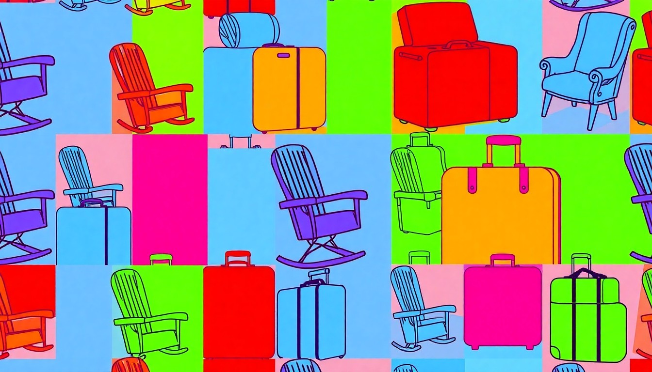 A bold, abstract grid of a single iconic retirement object, such as a rocking chair or suitcase, rendered in a high-contrast, neon color palette that evokes the energy and possibilities of retirement in the modern era.