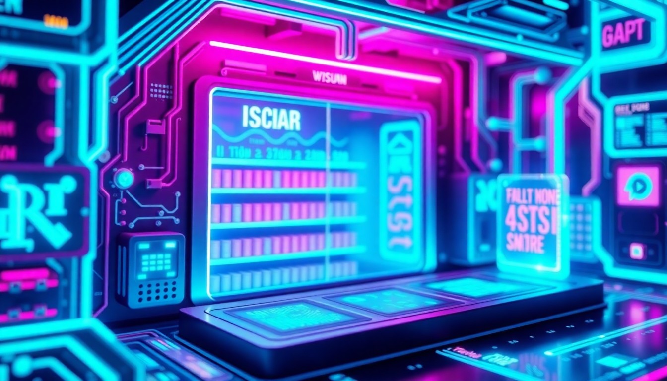 A visually striking, highly detailed 3D illustration depicting a futuristic digital storefront or app interface, with glowing neon-lit circuit boards, data streams, and holographic displays, conveying a sense of technological innovation and creativity.