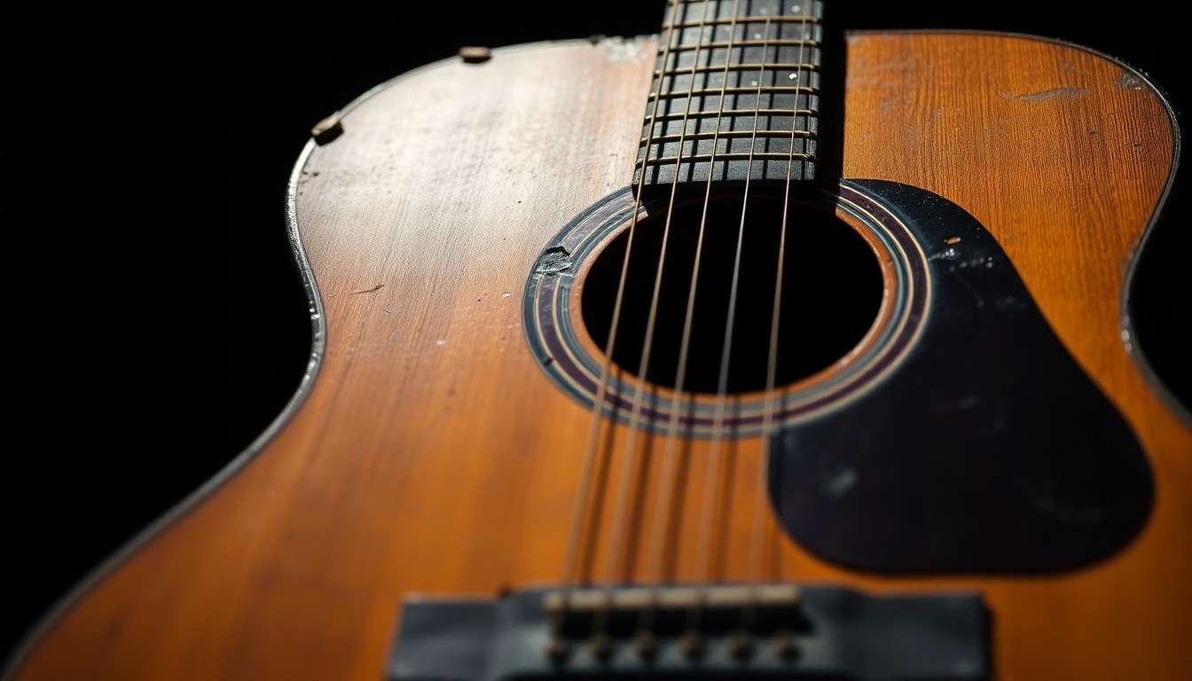 An extreme close-up photograph of an aged acoustic guitar, its worn wood and metal hardware capturing the texture and patina of a well-loved instrument, representing the enduring musical legacy of Warren Zevon.