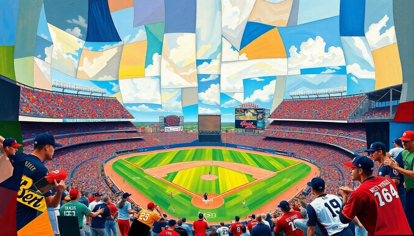 A cubist, geometric painting depicting a baseball game, with sharp, overlapping planes of color representing the players, field, and action on the diamond.