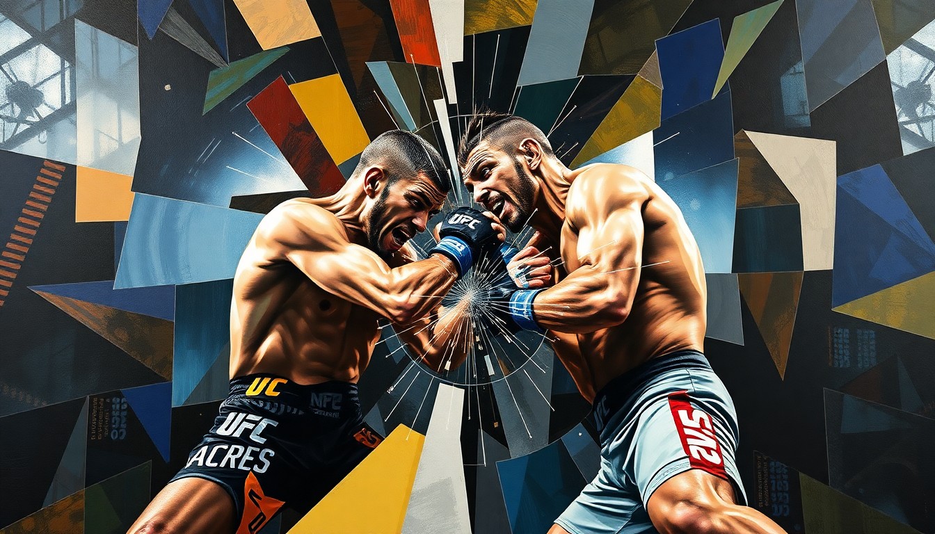 A fragmented, geometric painting depicting the chaotic and painful moment of a low blow in a UFC fight, with sharp, overlapping shapes and planes representing the visceral impact of the blow.