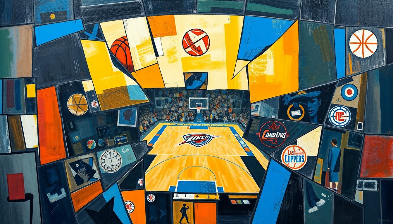 A cubist, geometric painting depicting a basketball game, with sharp, overlapping planes of color and form representing the intense action on the court.