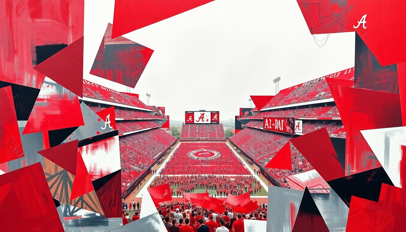 A fragmented, multi-angled painting depicting the action of an Alabama football game, with players and the field broken down into sharp, overlapping geometric shapes in shades of crimson, white, and gray.