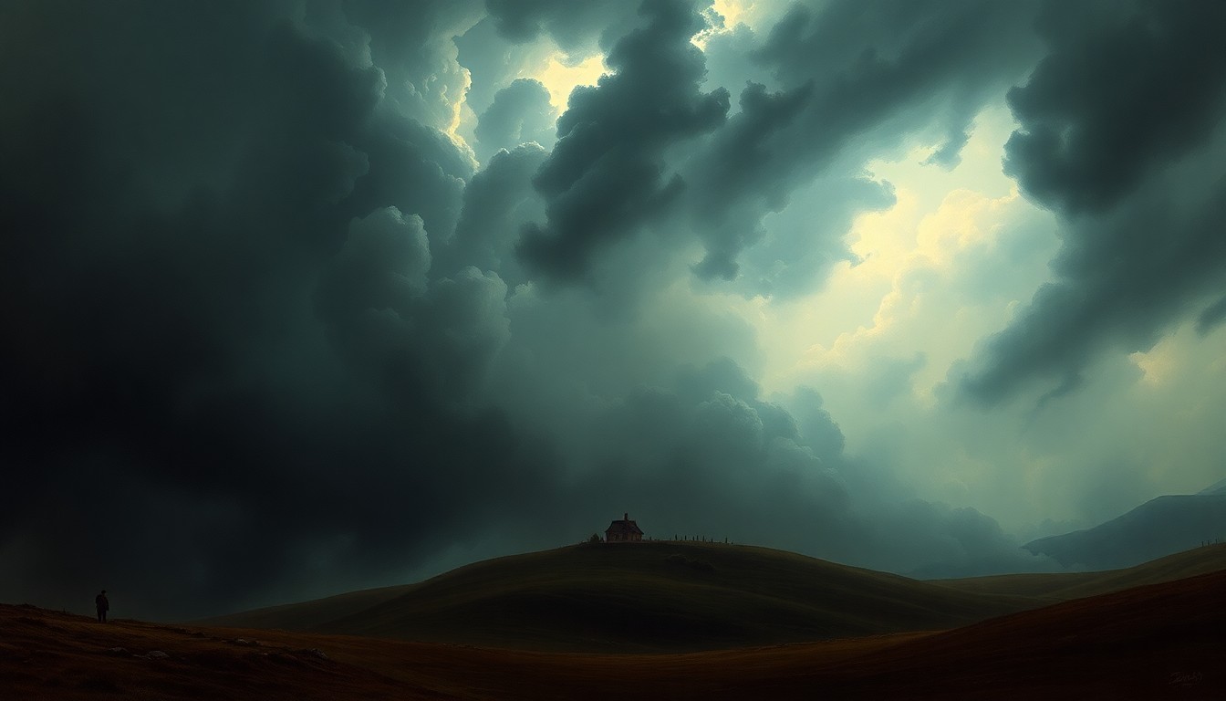 A sweeping, atmospheric landscape painting depicting a massive, dramatic thunderstorm dominating the scene, with a small, barely visible house or structure dwarfed by the overwhelming power of nature.