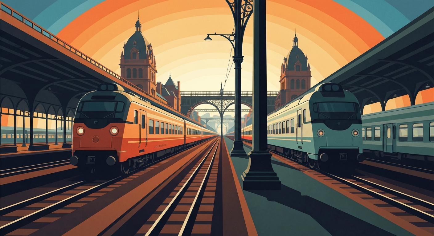 A highly stylized, geometric illustration depicting the grand scale and romance of European train travel, with sweeping airbrushed gradients and towering forced perspectives, capturing the transformative potential of the DiscoverEU program.