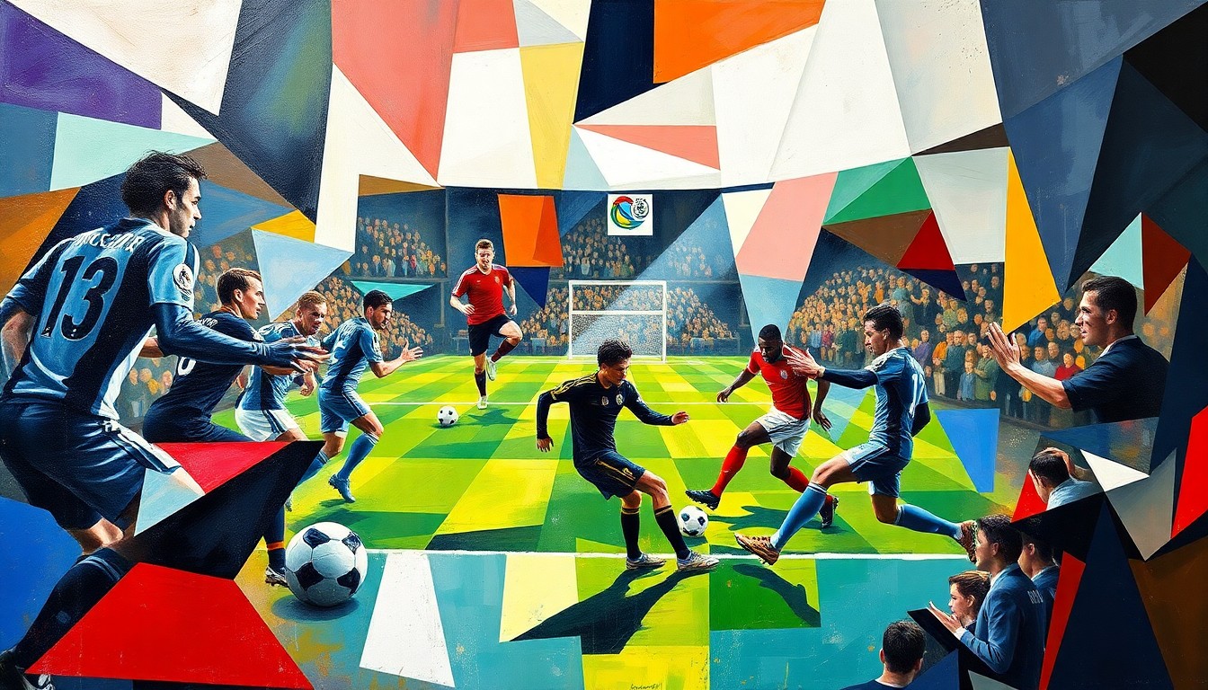 A cubist, geometric painting depicting the intensity and dynamism of a Premier League football match, with the players' forms deconstructed into abstract shapes and colors.