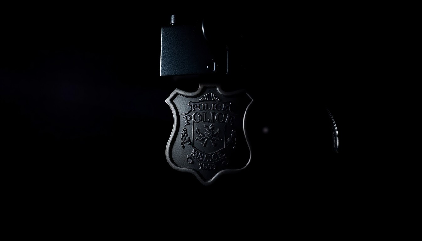 An extreme close-up photograph of a police badge or handcuffs lit by a harsh, direct camera flash against a pitch-black background, conceptually representing the investigative nature of the recent incidents in the Navy Yard.