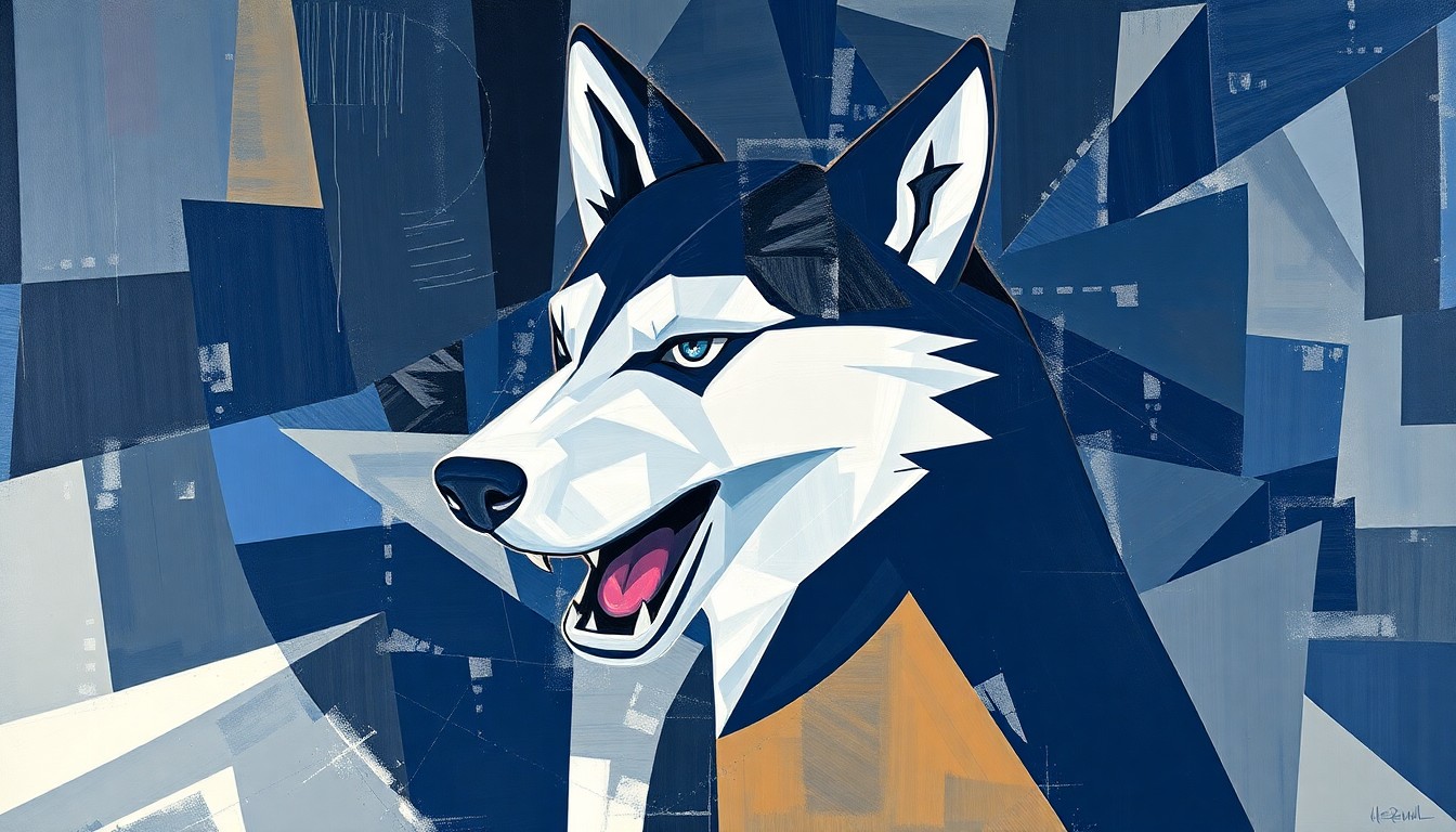 A cubist-inspired painting featuring overlapping geometric shapes and planes in vibrant colors, representing the UConn Huskies' basketball game against Notre Dame in a dynamic, abstract manner.