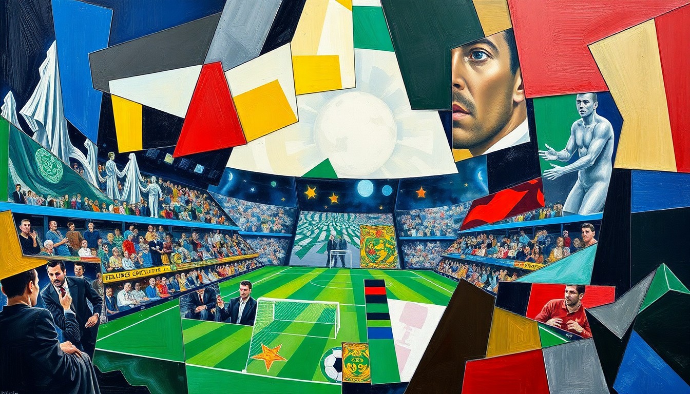 A cubist, geometric painting depicting a Scottish Premiership title decider match between Celtic and Rangers, with the players and field fractured into sharp, overlapping planes of color, capturing the intensity and unpredictability of the potential showdown.