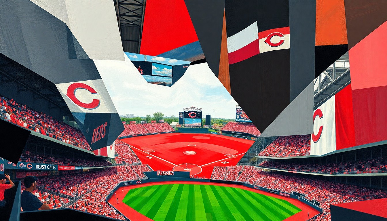 A cubist, geometric painting depicting a Cincinnati Reds minor league baseball game, with players and the field broken down into sharp, overlapping shapes and planes in a vibrant red, black, and white color palette.