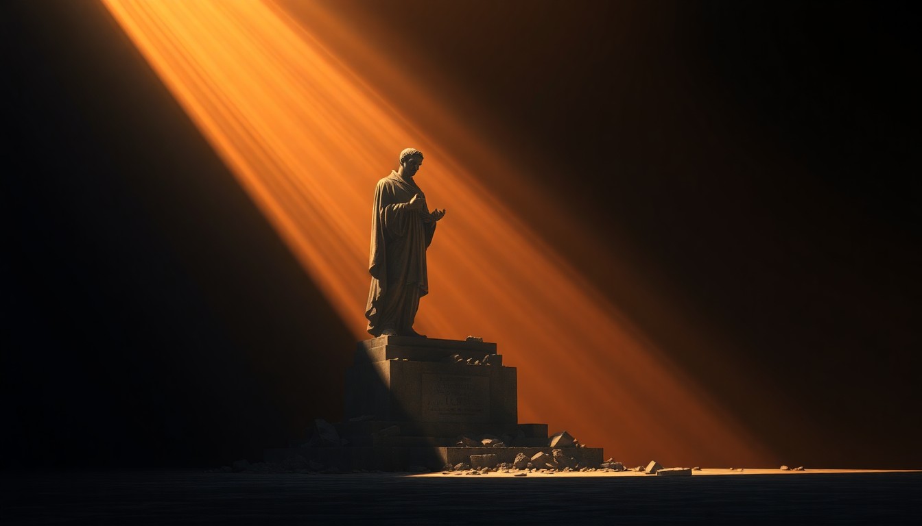 A photorealistic painting in the style of Edward Hopper, depicting a solitary, shattered statue of Christopher Columbus standing alone in a dimly lit urban setting, with warm sunlight casting long shadows across the scene, conveying a sense of historical tension and the ongoing struggle over national identity.