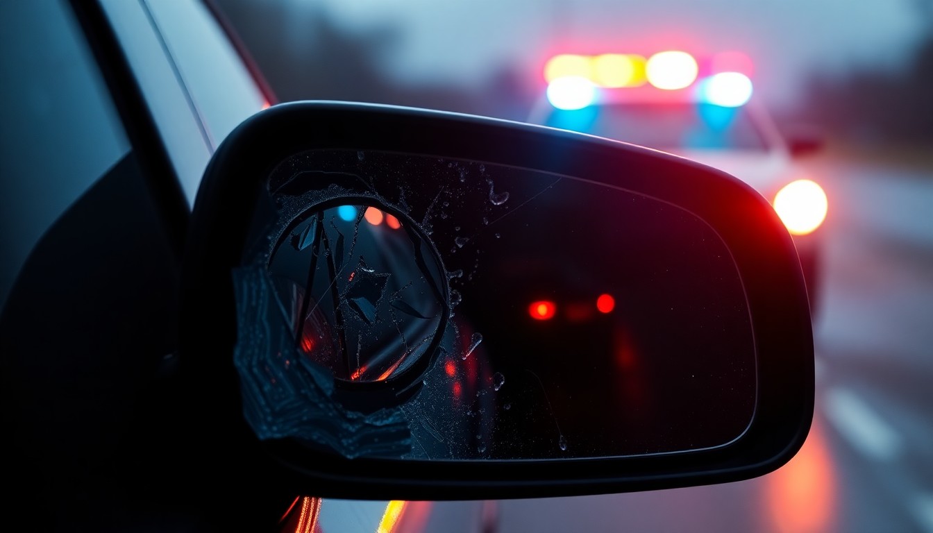 An extreme close-up photograph of a damaged car side mirror reflecting the flashing lights of a police vehicle, conceptually illustrating the aftermath of a DUI-related crash.