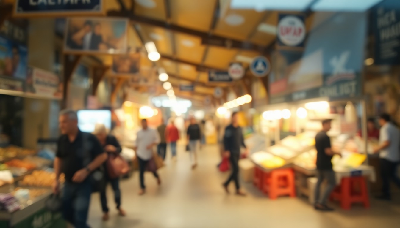An abstract, out-of-focus scene of an outdoor market, with blurred figures browsing vendor booths surrounded by soft, warm pools of color and light, conceptually representing the community's support for rescued animals.