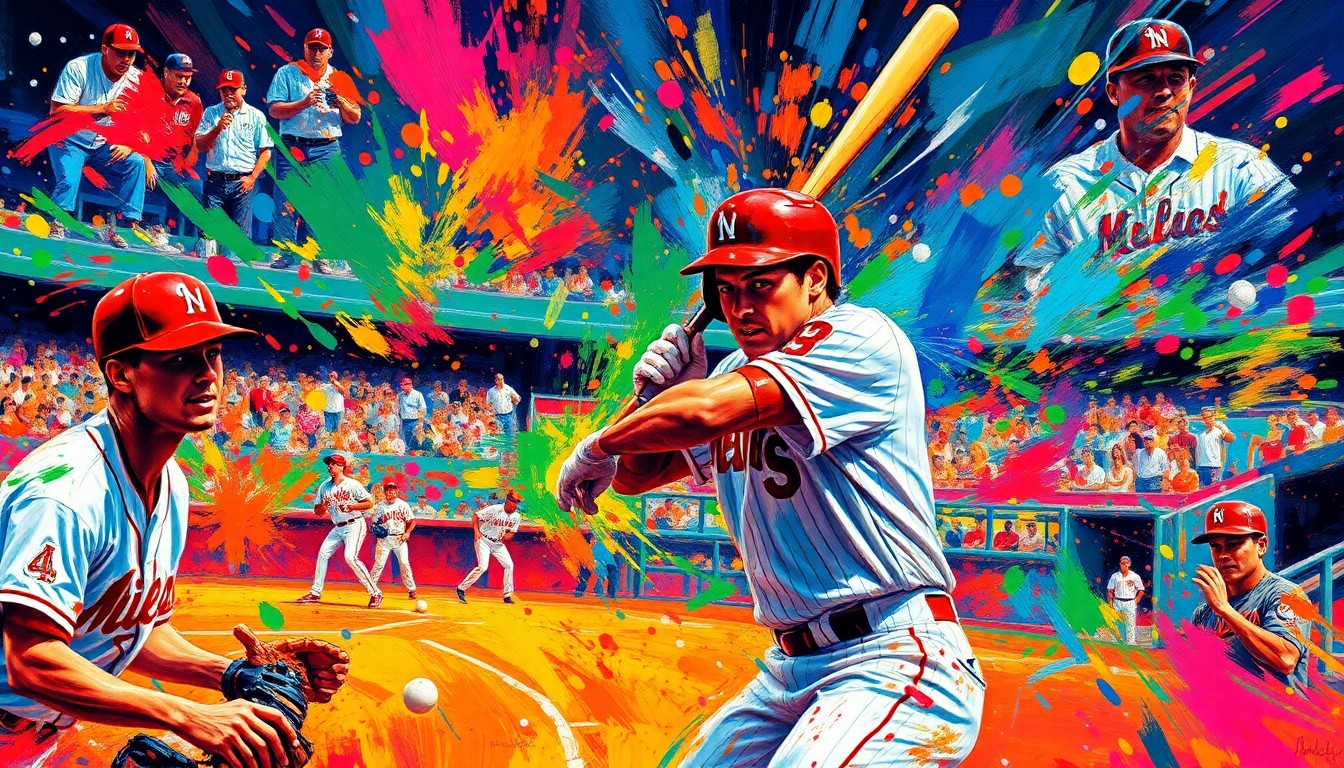 An abstract, expressionist painting in neon colors depicting the dynamic movements and energy of a baseball game, with players' forms blending into the vibrant brushstrokes.