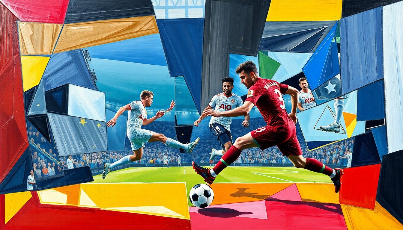A fragmented, geometric painting depicting a Premier League football match, with the players' forms broken down into sharp, overlapping planes of color and shape, conveying the intensity and artistry of the Golden Boot race.