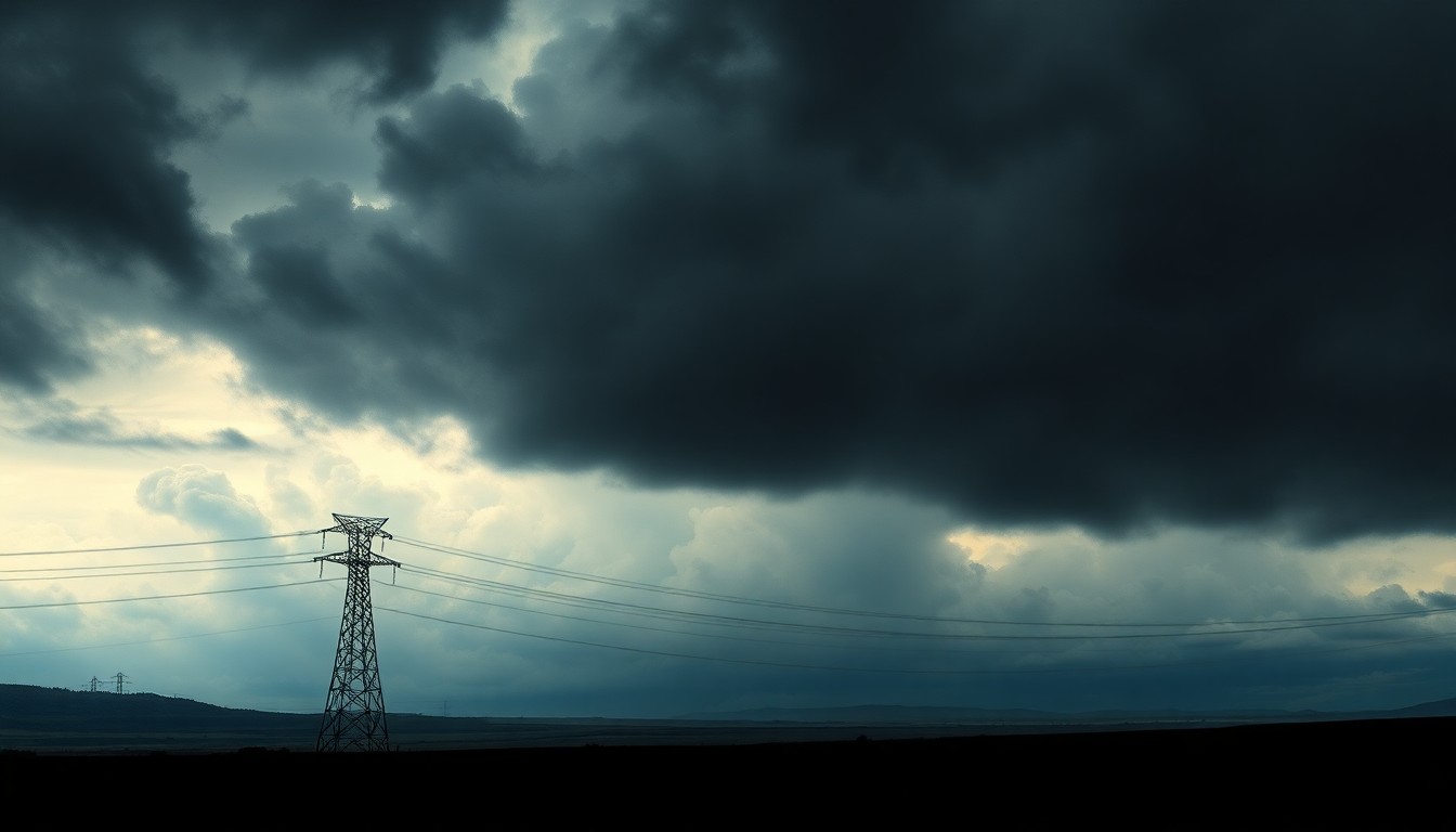 A vast, atmospheric landscape painting depicting a dark, stormy sky filled with heavy clouds obscuring the horizon. In the foreground, a solitary power line tower stands dwarfed by the overwhelming scale of the natural elements.