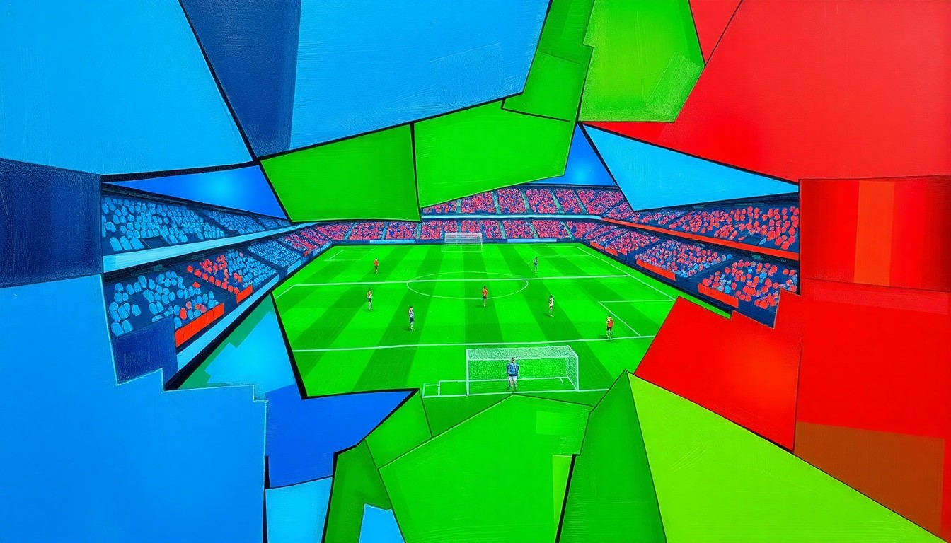 A fragmented, geometric painting depicting a soccer match, with overlapping planes of blue, green, and red representing the action on the field.