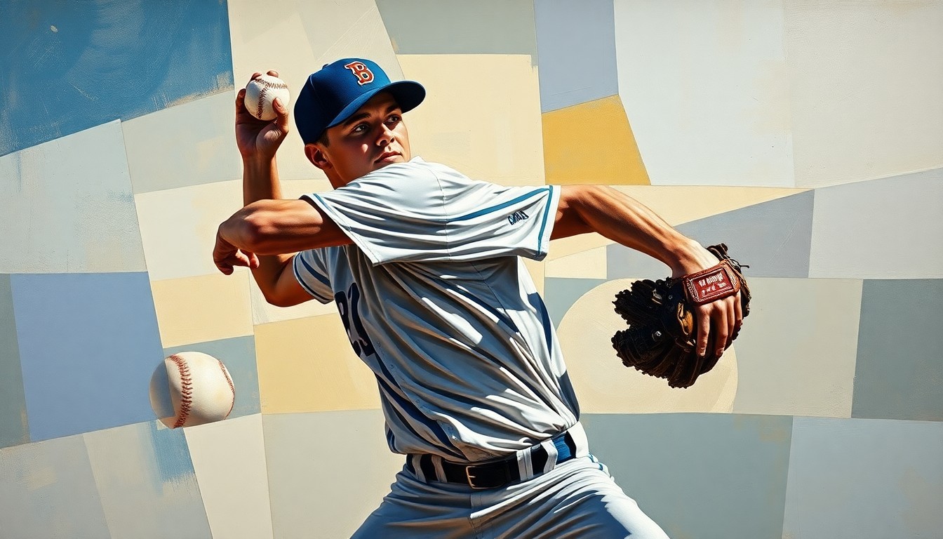 A cubist-style painting depicting a baseball pitcher's motion broken down into overlapping geometric shapes and planes, conceptually representing the complexities of managing a pitching rotation.