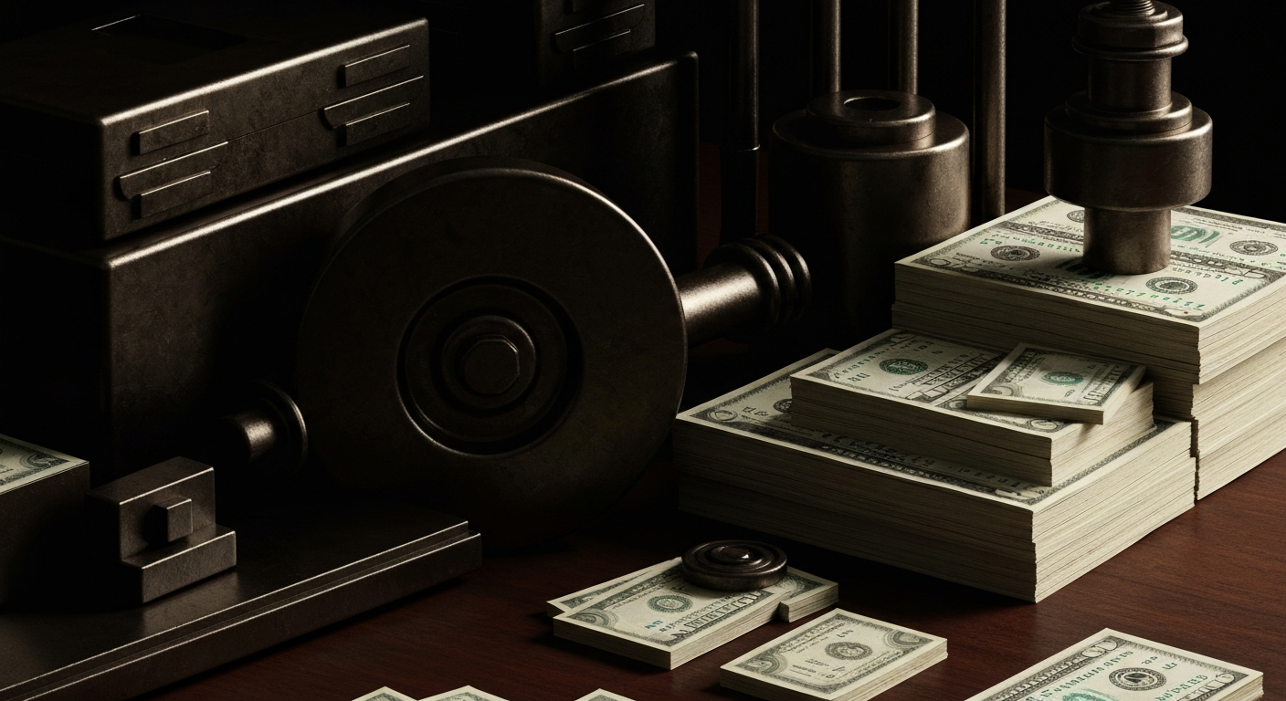 A highly detailed, cinematic close-up of the gears, levers, and mechanisms of a bank's financial systems, conveying a sense of the tangible, industrial nature of modern banking and wealth management.