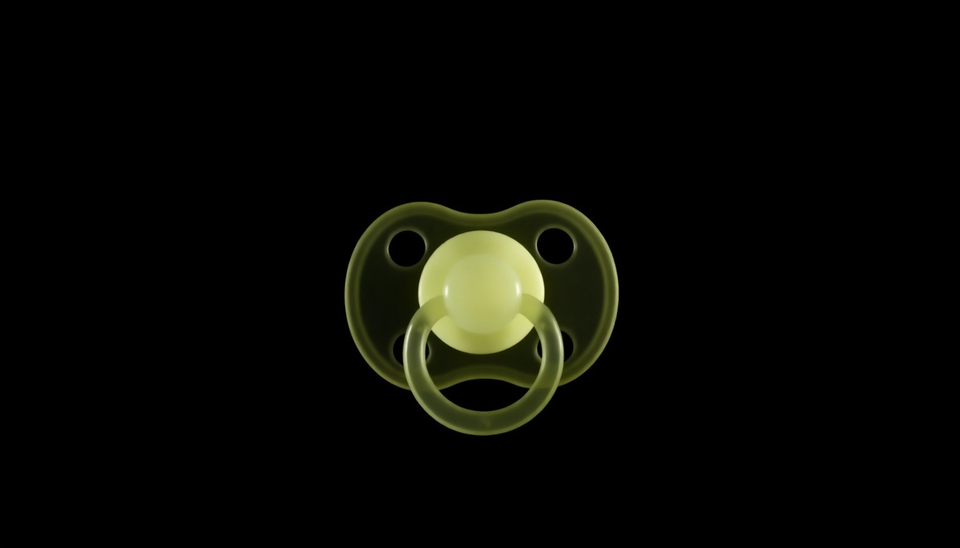 An extreme close-up of a baby's pacifier against a stark black background, lit by a harsh camera flash, conveying the gritty, investigative nature of this disturbing crime.