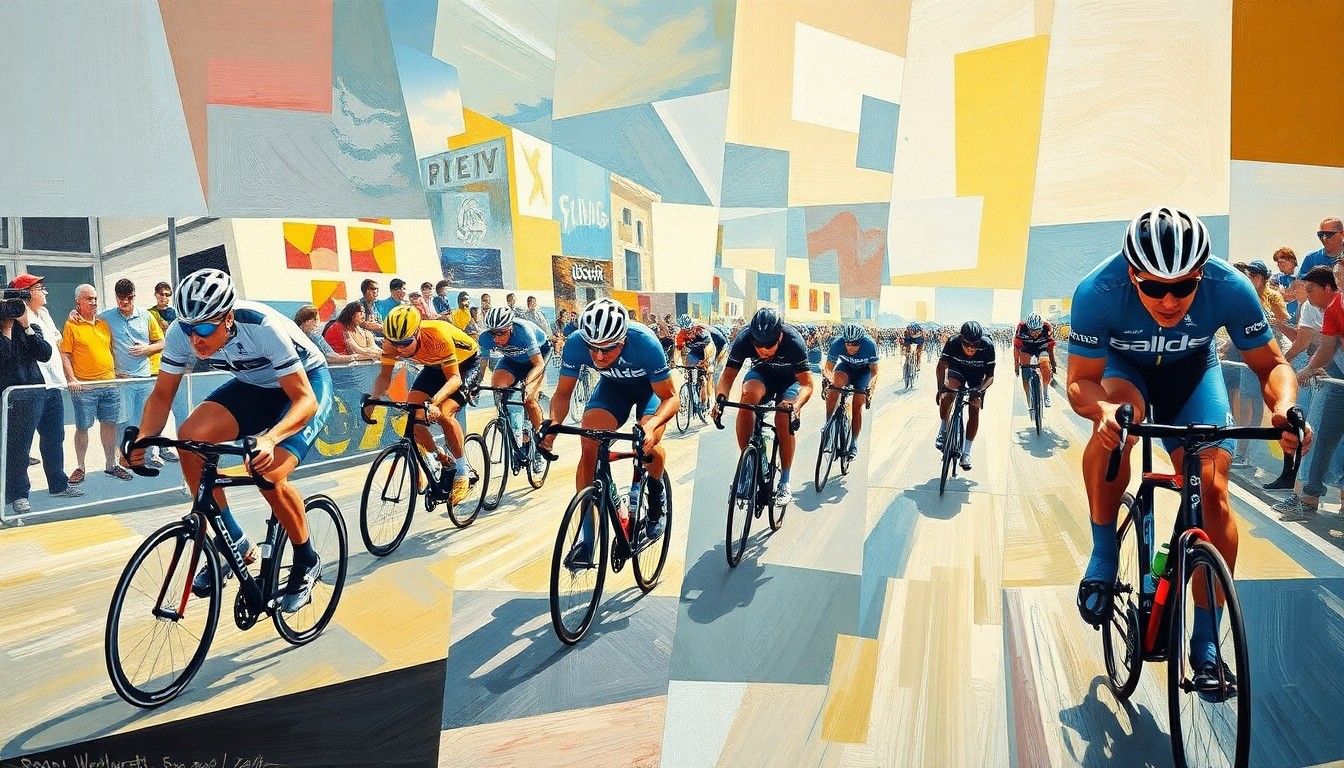 A cubist, geometric painting depicting the fragmented and overlapping movements of a professional cycling race, with no identifiable figures or text, capturing the energy and dynamism of the sport.