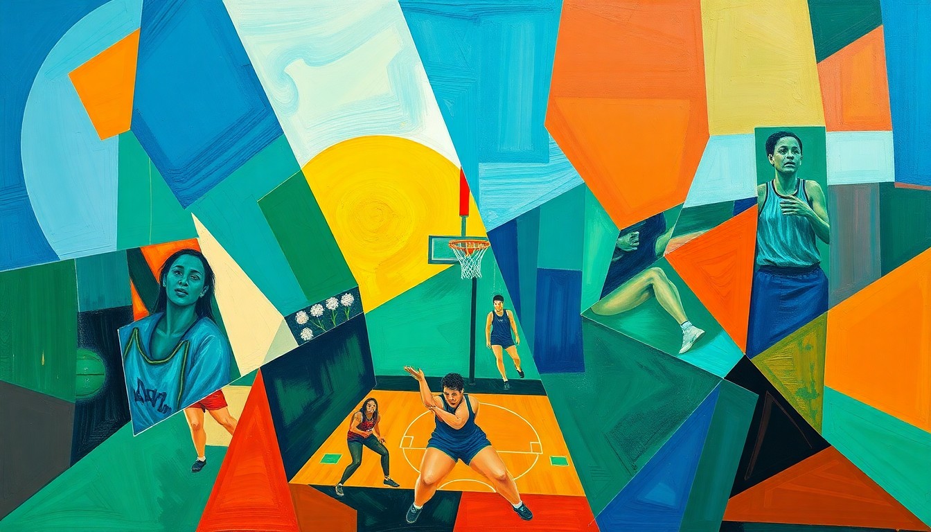 A cubist, geometric painting depicting a fragmented WNBA basketball game, with sharp planes of color and overlapping perspectives representing the multifaceted nature of Courtney Vandersloot's decision to re-sign with the Chicago Sky.