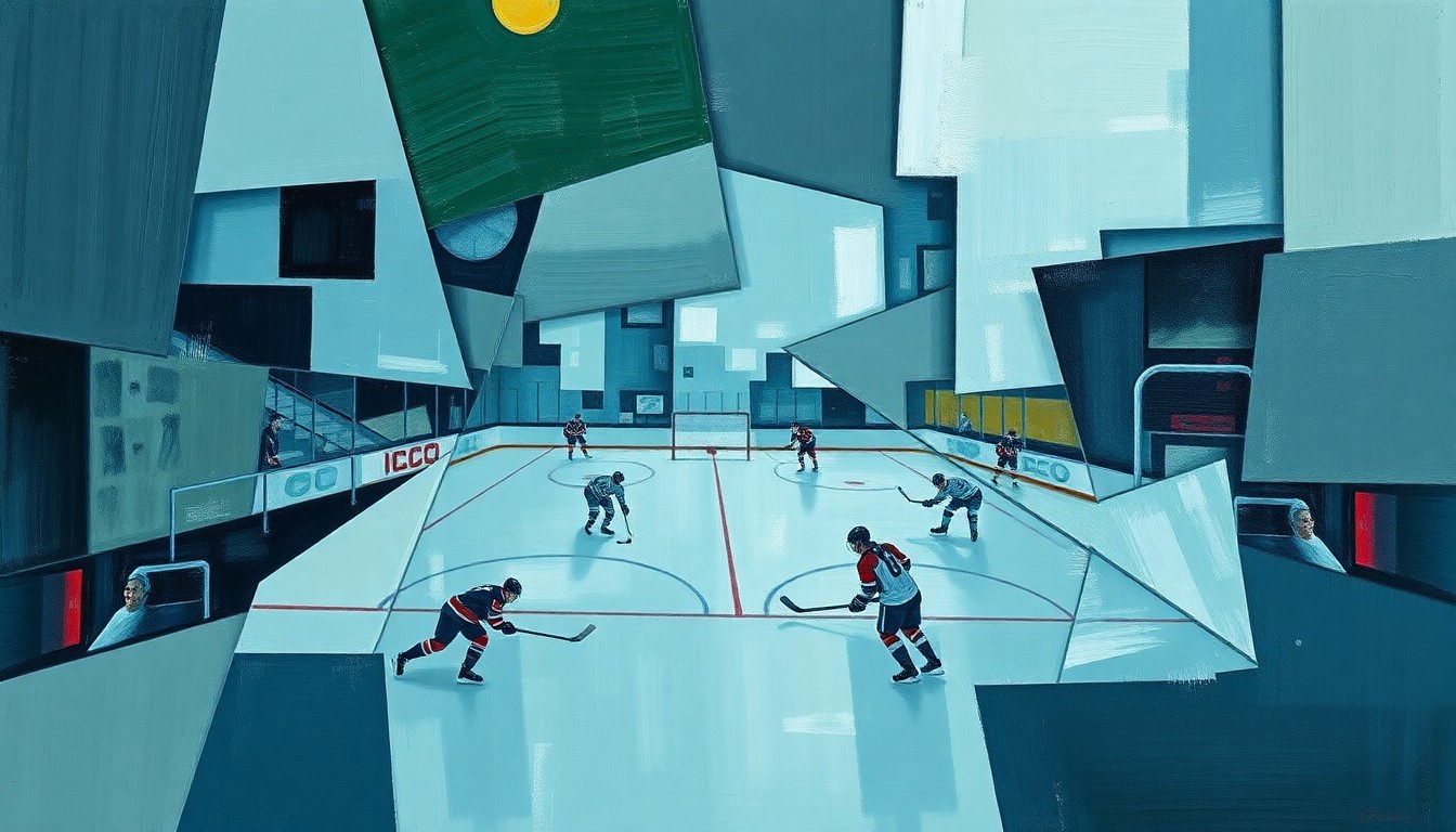 A cubist, geometric painting depicting a hockey game or match, with sharp, overlapping planes of muted blue, green, and gray tones, hinting at the dynamic action and shifting perspectives of the sport.
