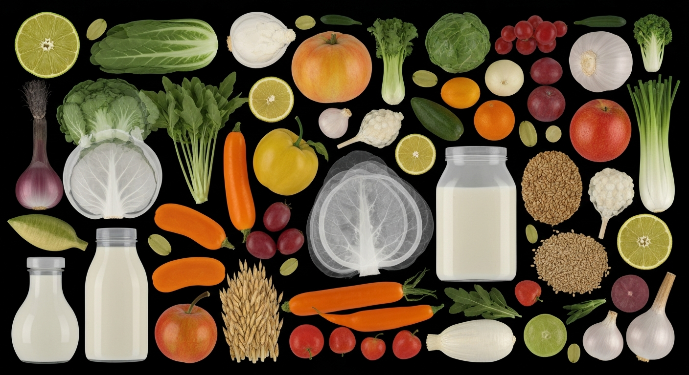 An X-ray style photograph revealing the internal structures of various healthy food items like fruits, vegetables, grains, and dairy products, conceptually representing the expanded food choices in the Wisconsin WIC program.
