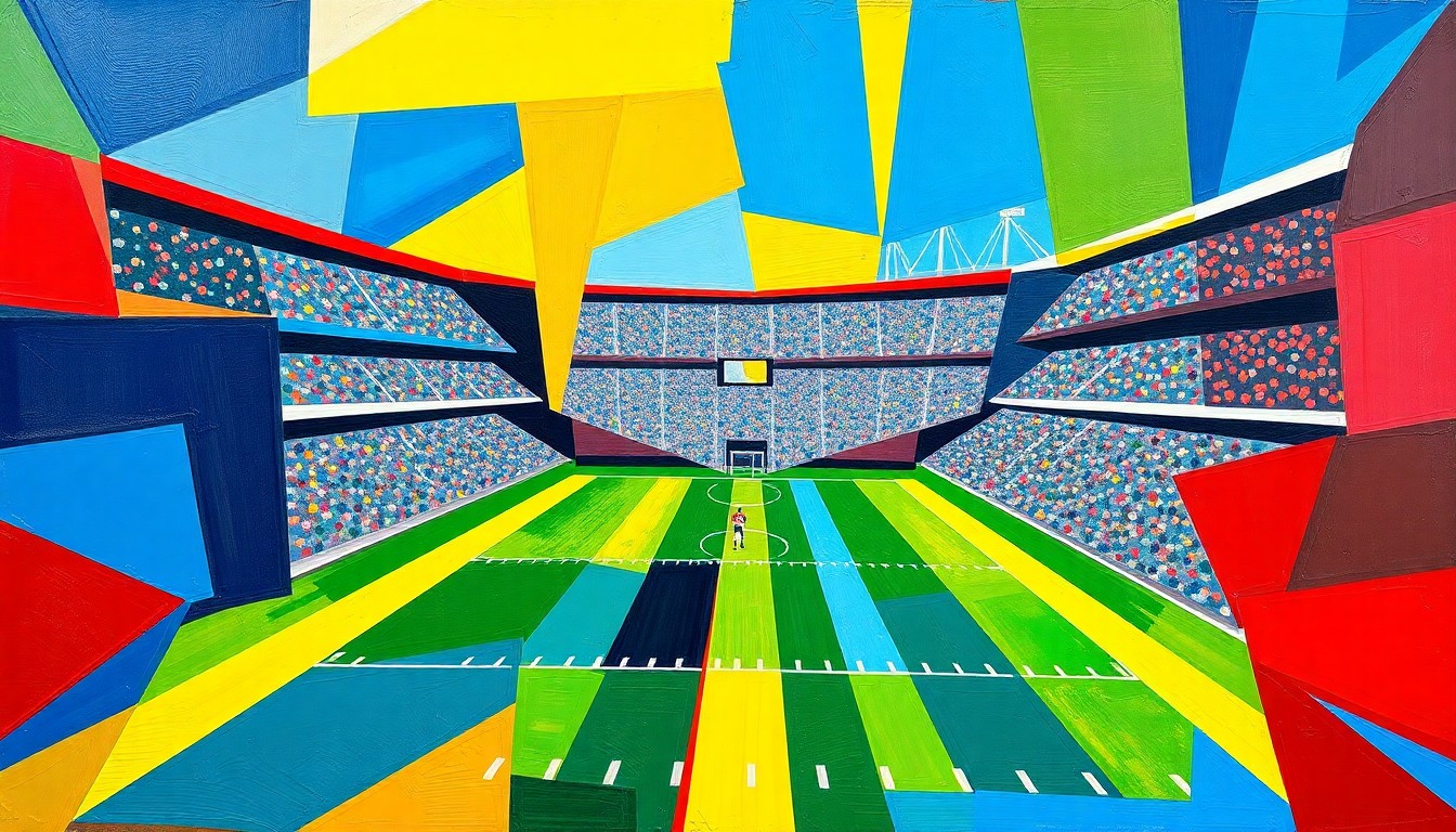 A fractured, abstract painting featuring sharp, overlapping geometric shapes in vibrant blue, yellow, and red tones, conceptually representing the challenges the Chargers' offensive line faced and the need to rebuild their protection for the quarterback.