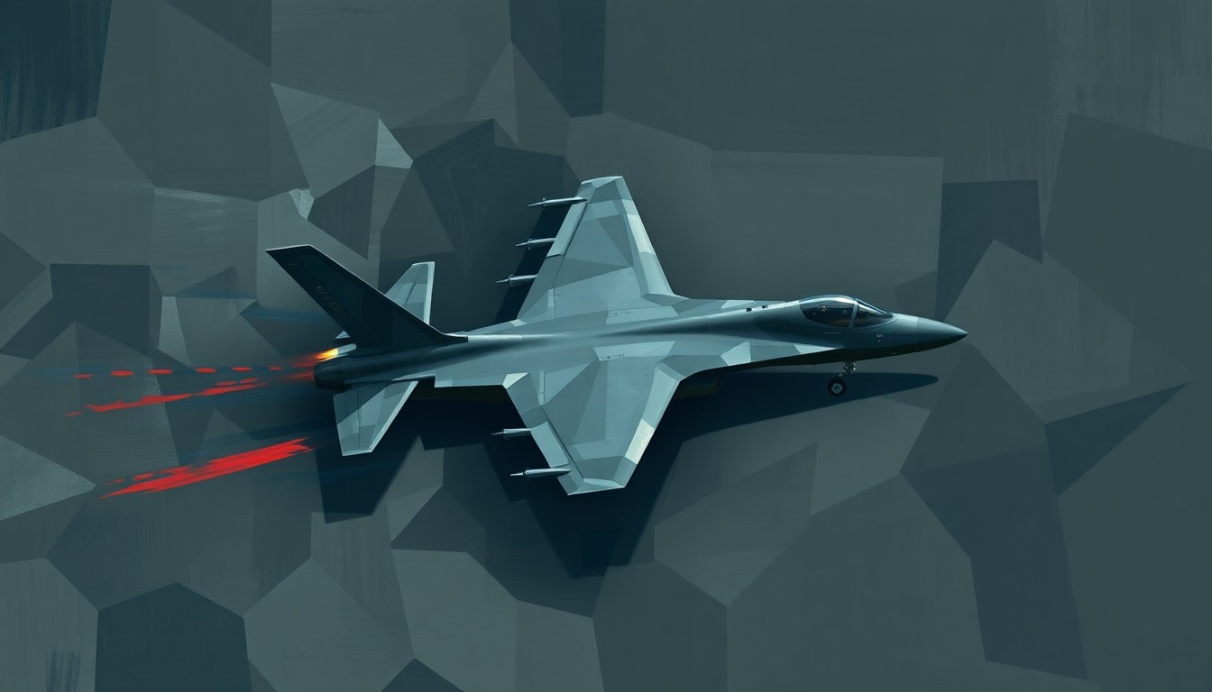 A dynamic, abstract painting depicting a military aircraft in flight, its form fractured and repeated in overlapping geometric patterns of dark, moody colors, conveying the tension and complexity of the ongoing Iran-US conflict.