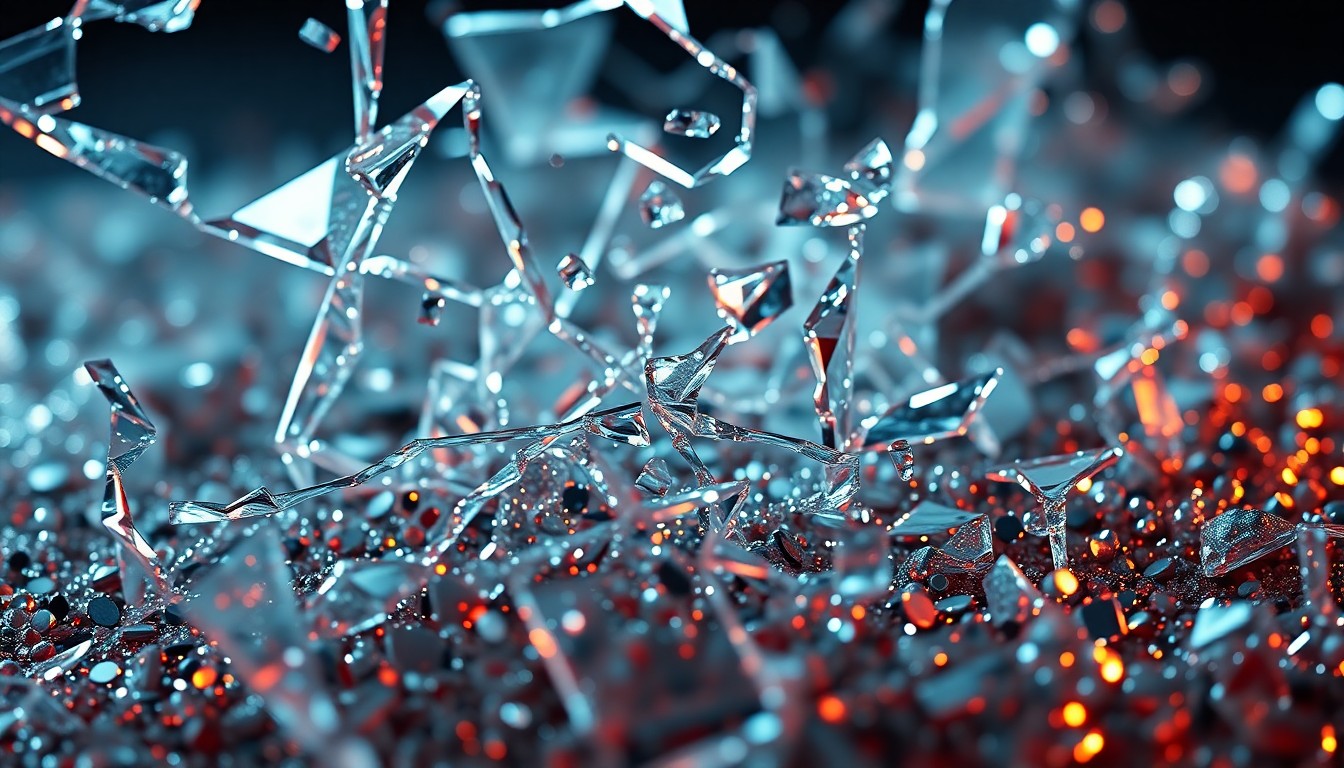 An abstract close-up image of shattered glass and glittering sequins, capturing the high-stakes glamour and drama of the entertainment industry.