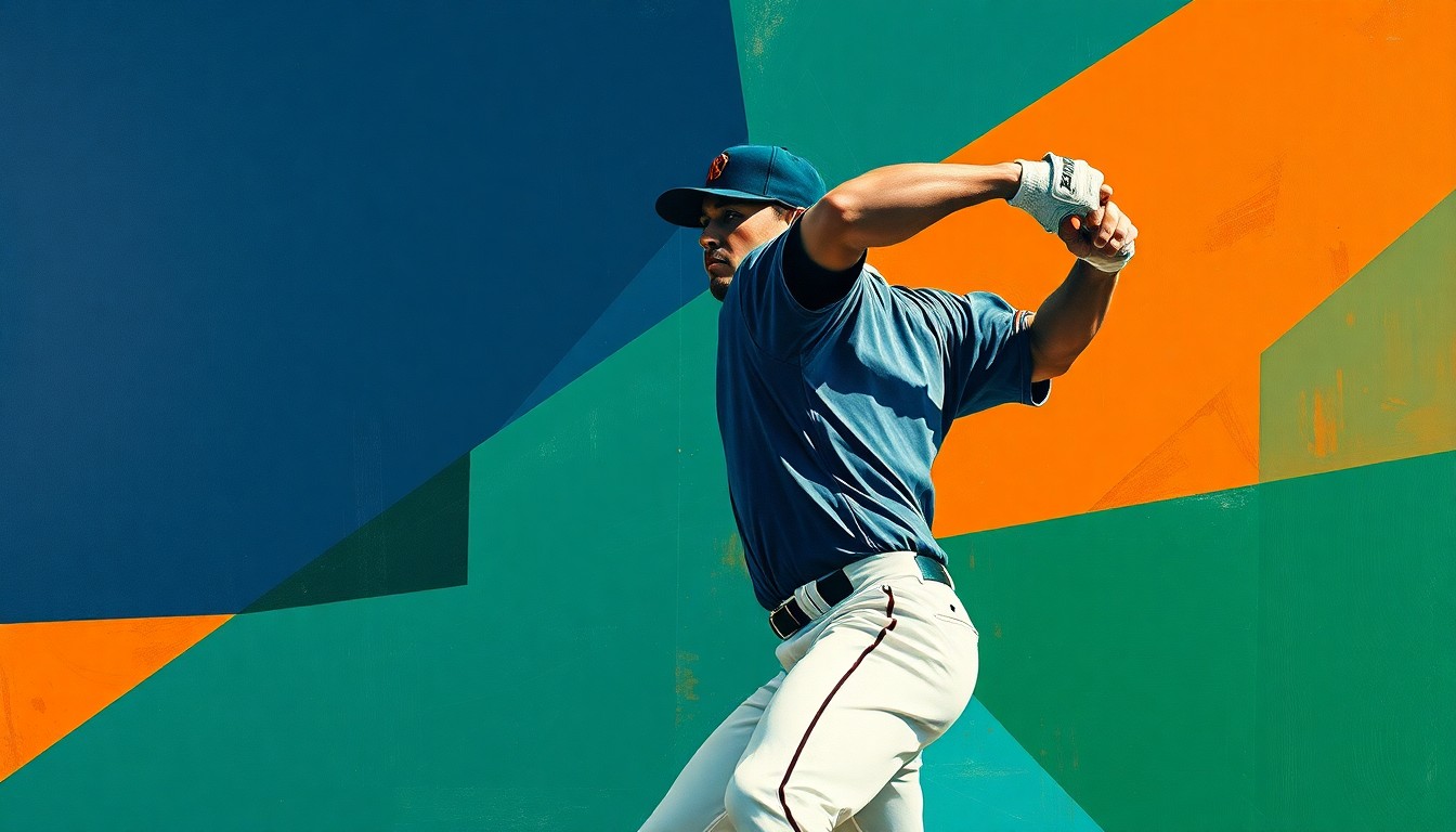 A cubist, geometric painting depicting a baseball pitcher's windup and delivery broken down into overlapping planes of navy, green, and orange, conceptually representing the strategic roster moves made by the Atlanta Braves.