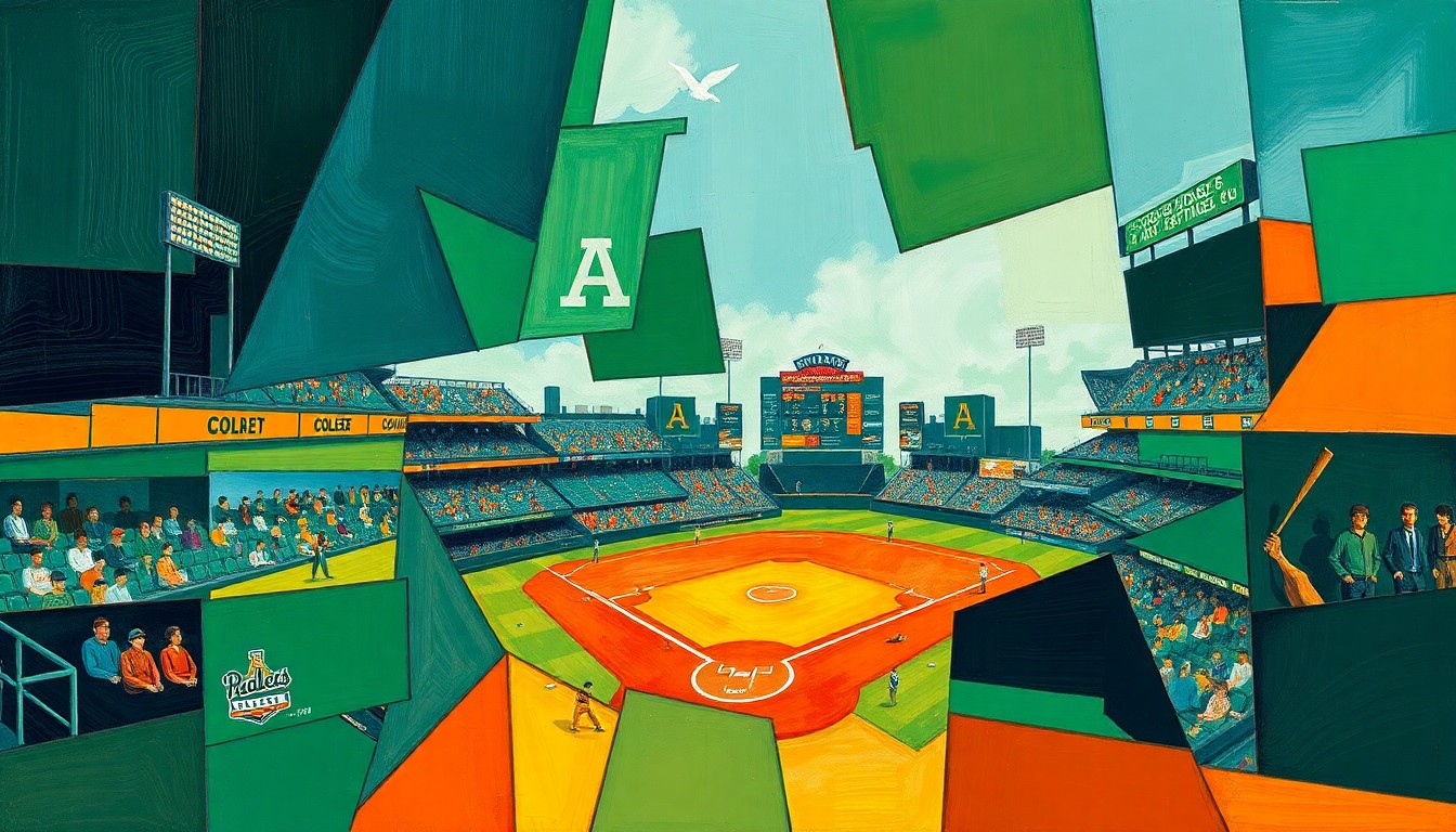 A cubist, geometric illustration depicting overlapping planes of a college baseball game or event, with vibrant colors like navy, green, and orange, capturing the energy and personalities of the players.