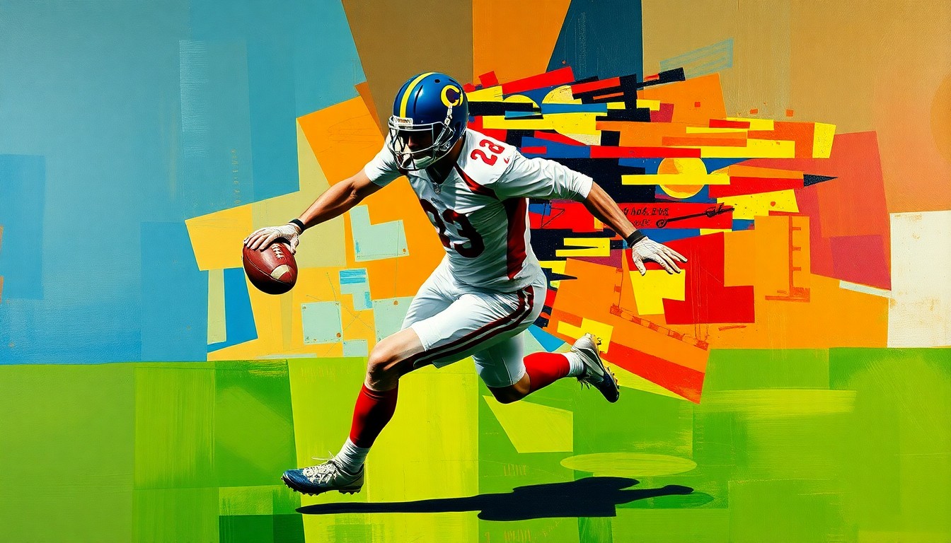 A fragmented, geometric painting depicting a football player in motion, with sharp planes and angles that obscure distinct features, reflecting the ambiguity surrounding this player's position and responsibilities.