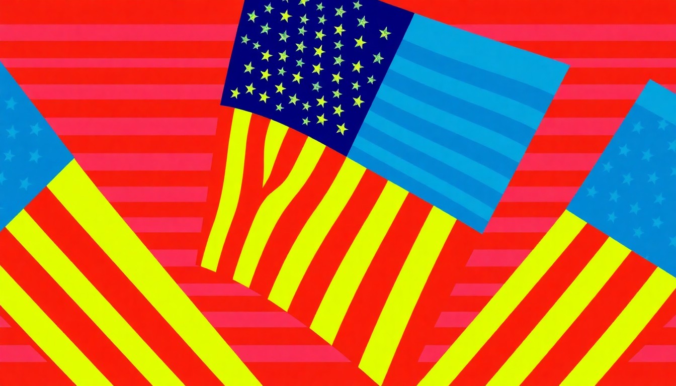 A bold, colorful silkscreen-style illustration featuring the iconic American flag repeated in a grid pattern, capturing the celebratory and patriotic spirit of the U.S. 250 Tour's visit to Columbus.