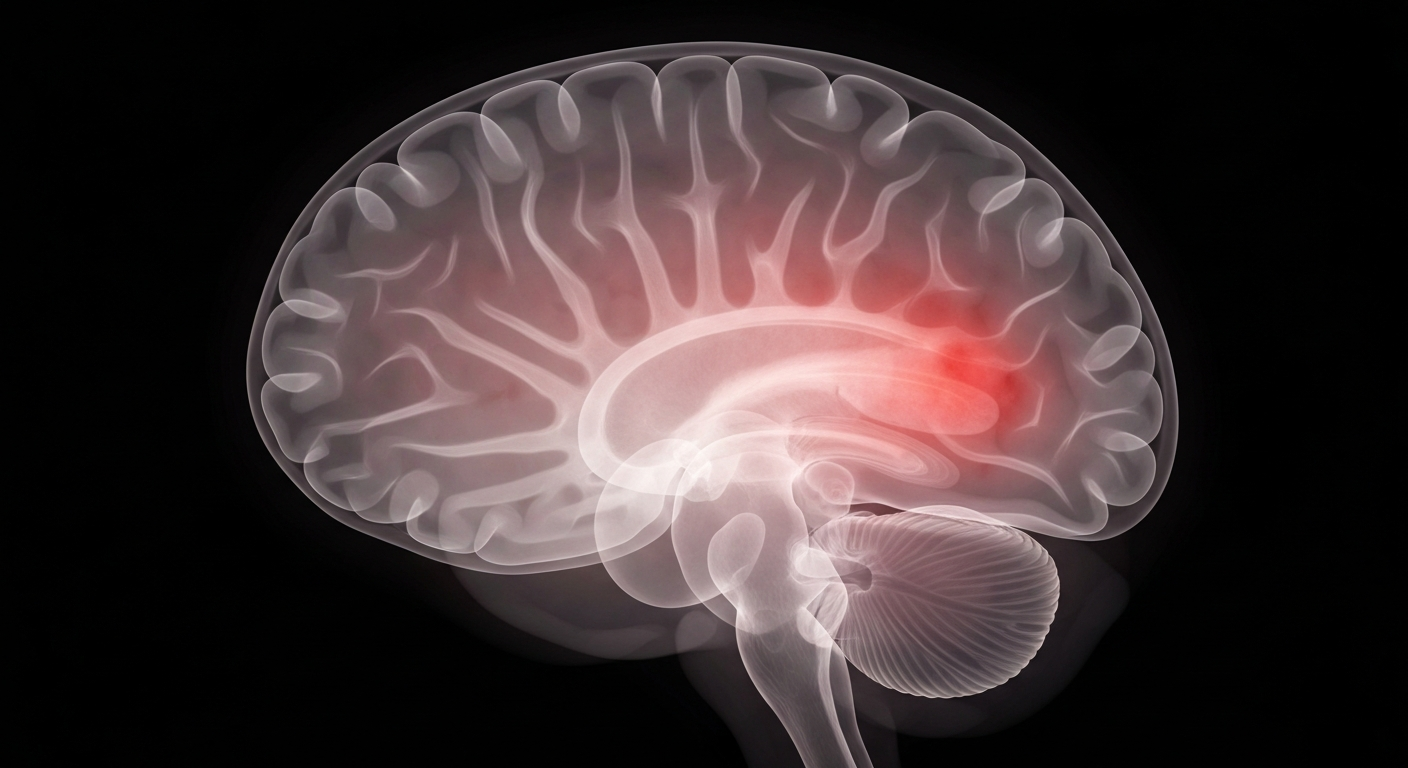 A ghostly, translucent X-ray-style image showing the internal structure of a human brain, with hints of redness and swelling suggesting low-level inflammation, conceptually illustrating the link between inflammation and depression.