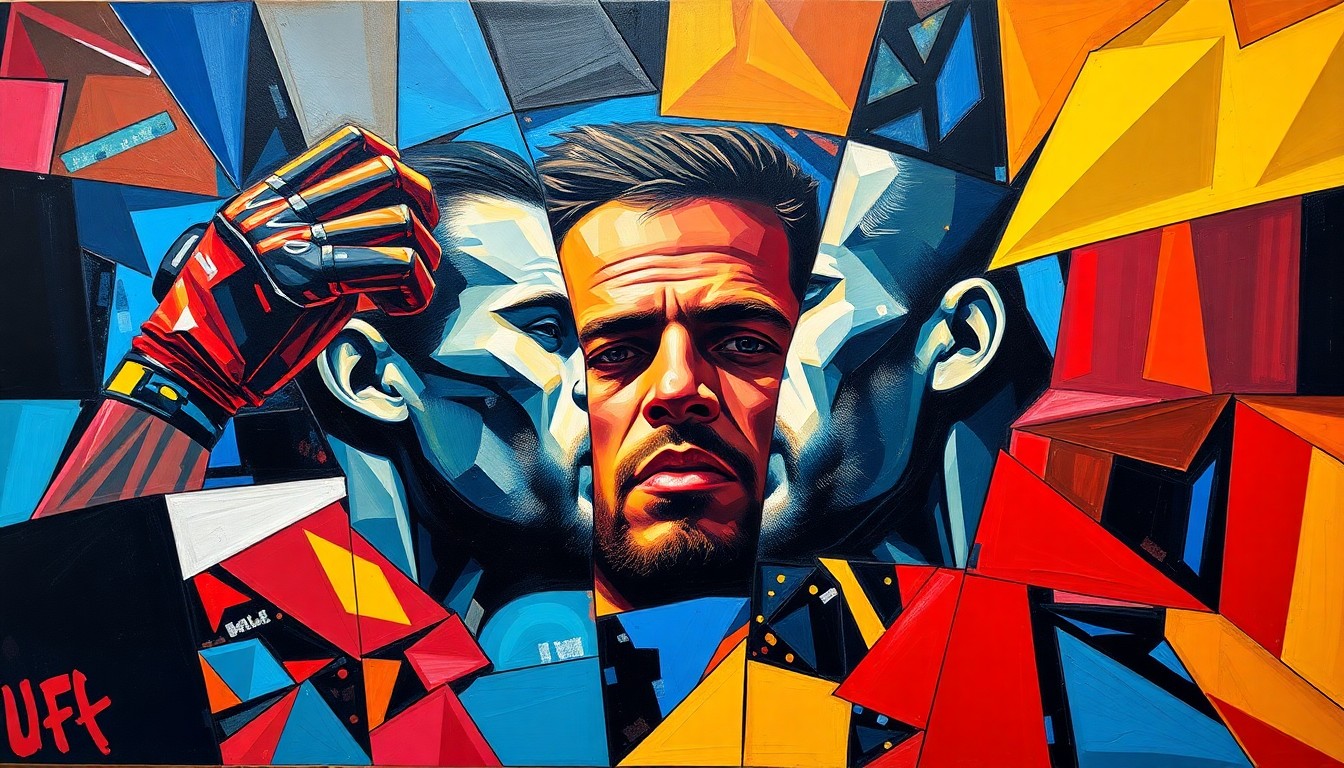 A cubist, geometric painting depicting the fragmented and overlapping elements of a UFC fighter's retirement announcement, with bold colors and abstract shapes representing the complex emotions and issues surrounding the event.