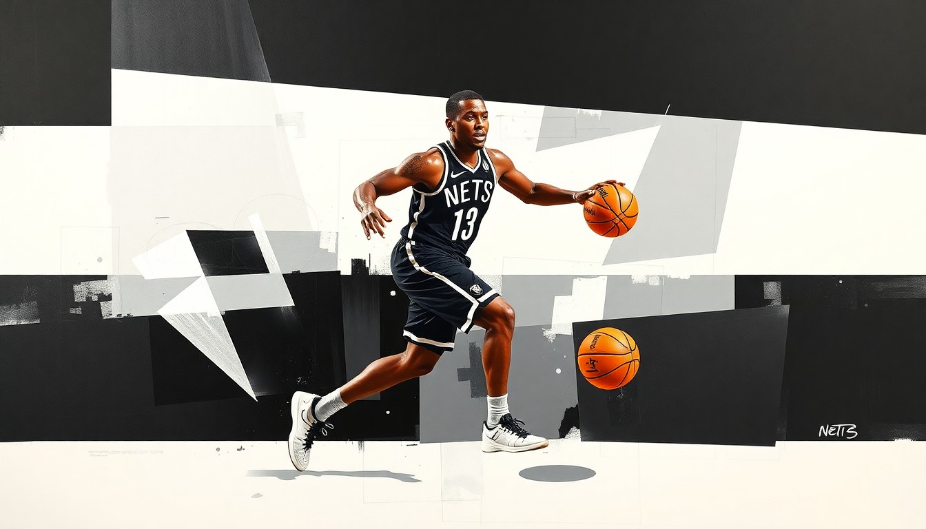A fractured, multi-perspective painting using sharp, overlapping geometric planes in the Brooklyn Nets' team colors of black, white, and gray, conceptually representing the dynamic motion of a basketball player.
