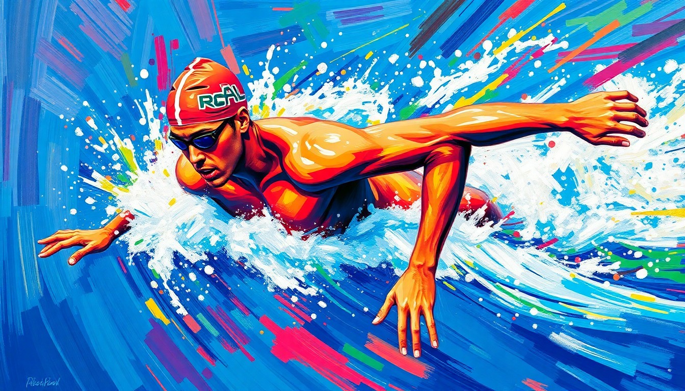 An abstract, energetic painting featuring bold, neon-colored brushstrokes that capture the dynamic motion and power of a swimmer racing through the water.