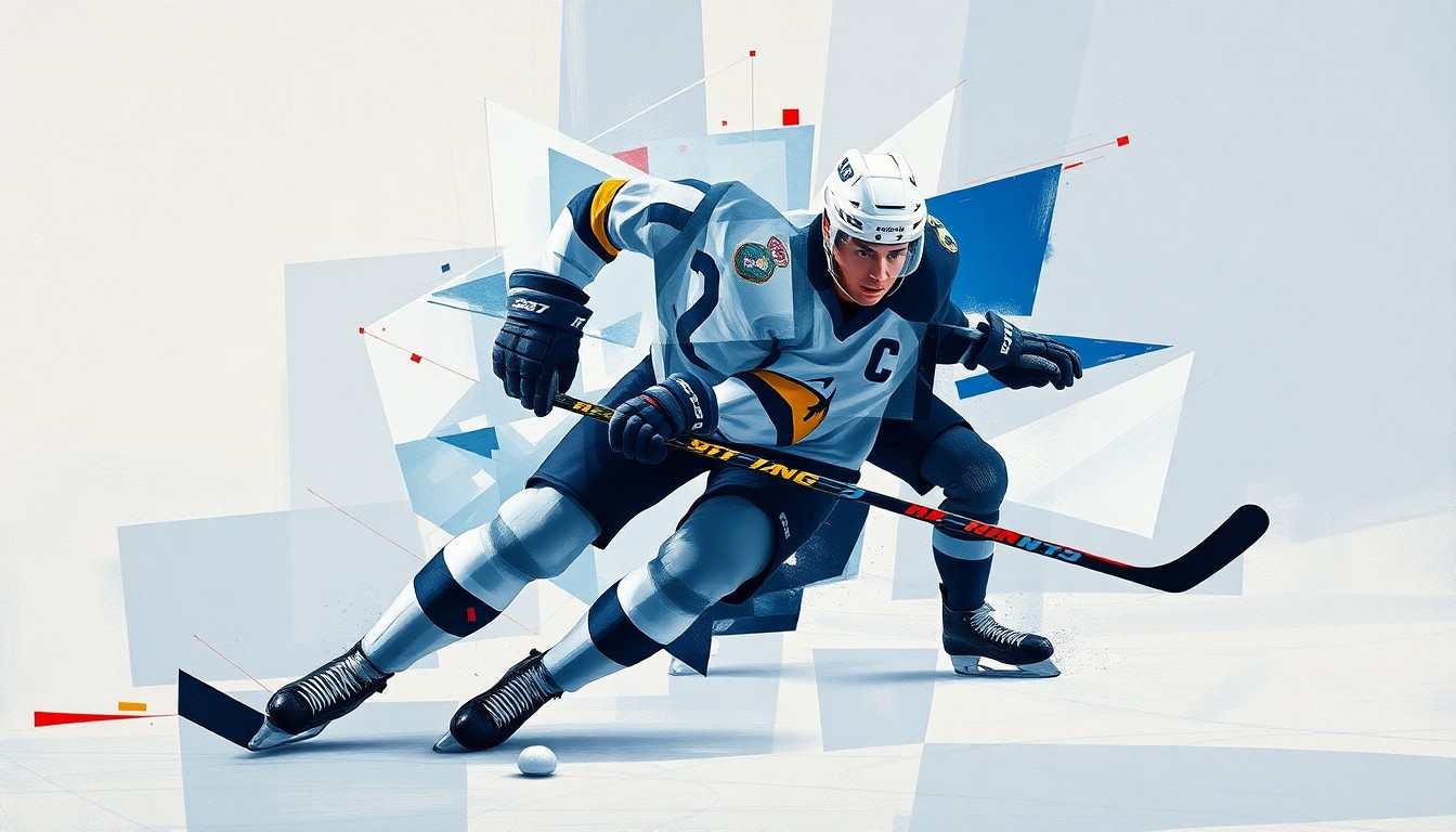 A cubist, geometric painting depicting the movements and positioning of a hockey defenseman, with sharp planes of muted blues, grays, and whites punctuated by hints of red and yellow to suggest the intensity of the game.