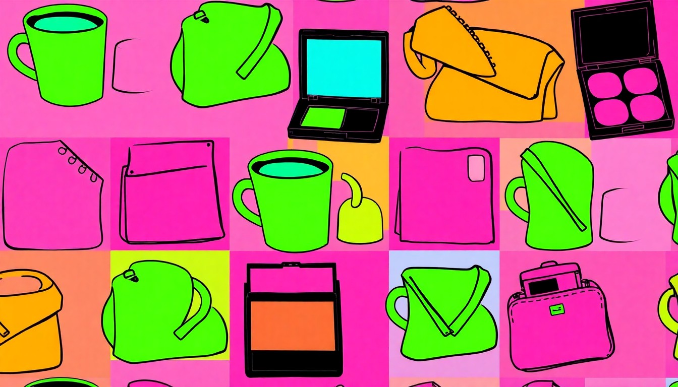 A brightly colored, high-contrast silkscreen print of a single, iconic lifestyle object such as a coffee cup or makeup compact, repeated in a tight grid pattern in the style of Andy Warhol, capturing the essence of the generational shift from the 'Karen' era to the rise of the 'Jessica' archetype.