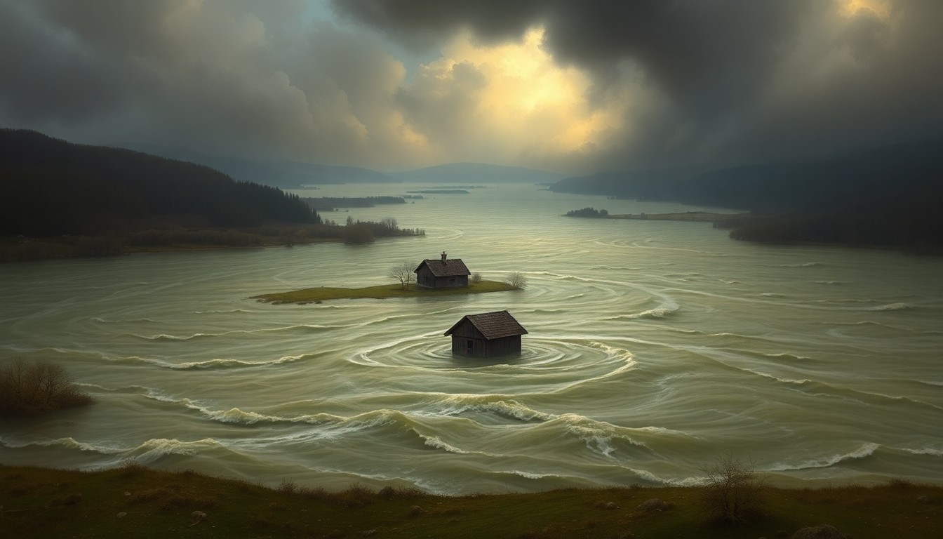 A vast, atmospheric landscape painting depicting a flooded rural area with a small farmhouse or barn partially submerged in the rising waters, conveying the overwhelming scale and power of the natural disaster through dramatic lighting and deep perspective.