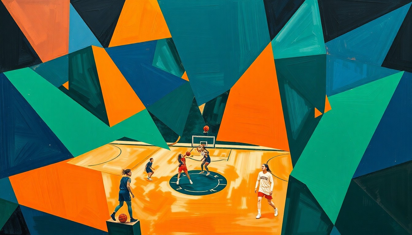 A fractured, cubist-style painting depicting the action and energy of a WNBA basketball game, with sharp geometric shapes and planes in navy, green, and orange hues.