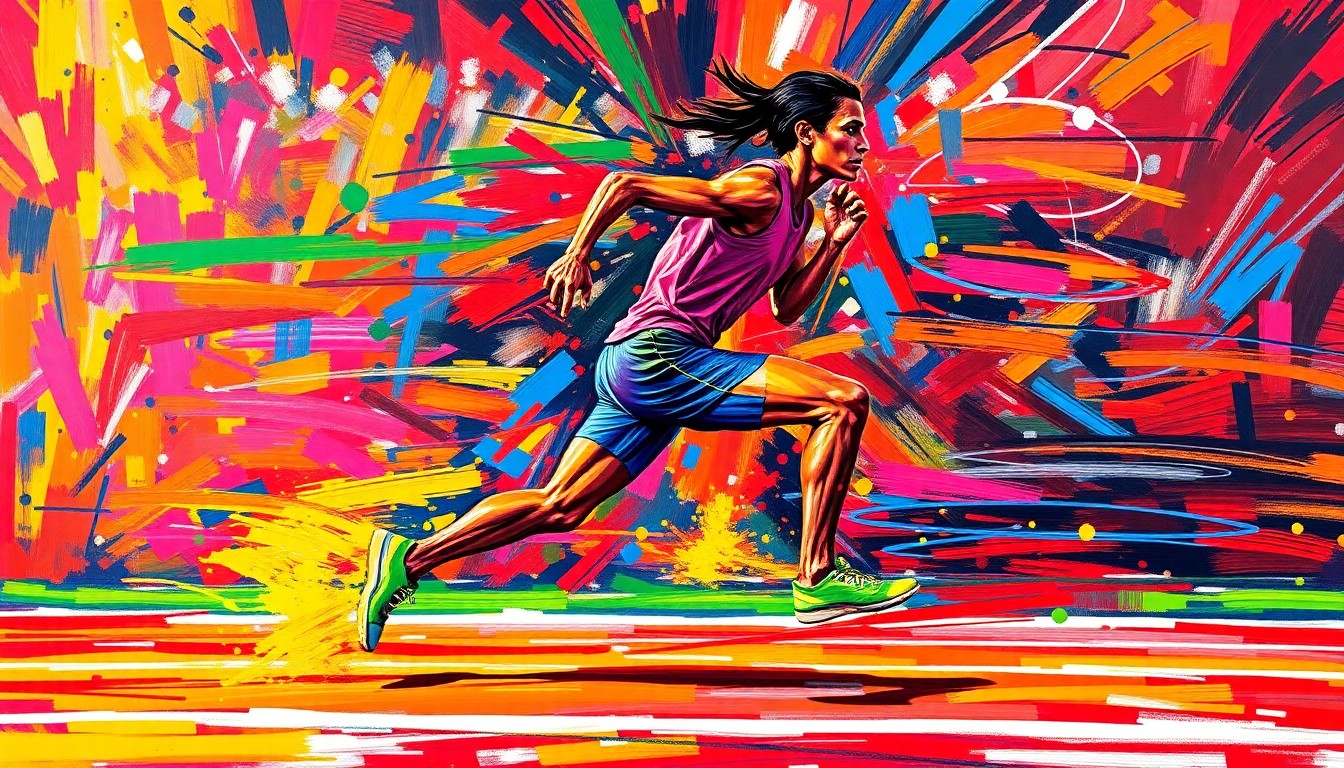 An abstract, energetic painting with bold brushstrokes and neon colors, capturing the dynamic movement and intensity of a runner competing in a track event.